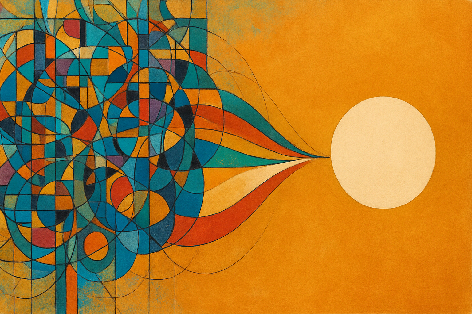 Abstract art showing a complex, colorful geometric pattern flowing into a simple, single circle.